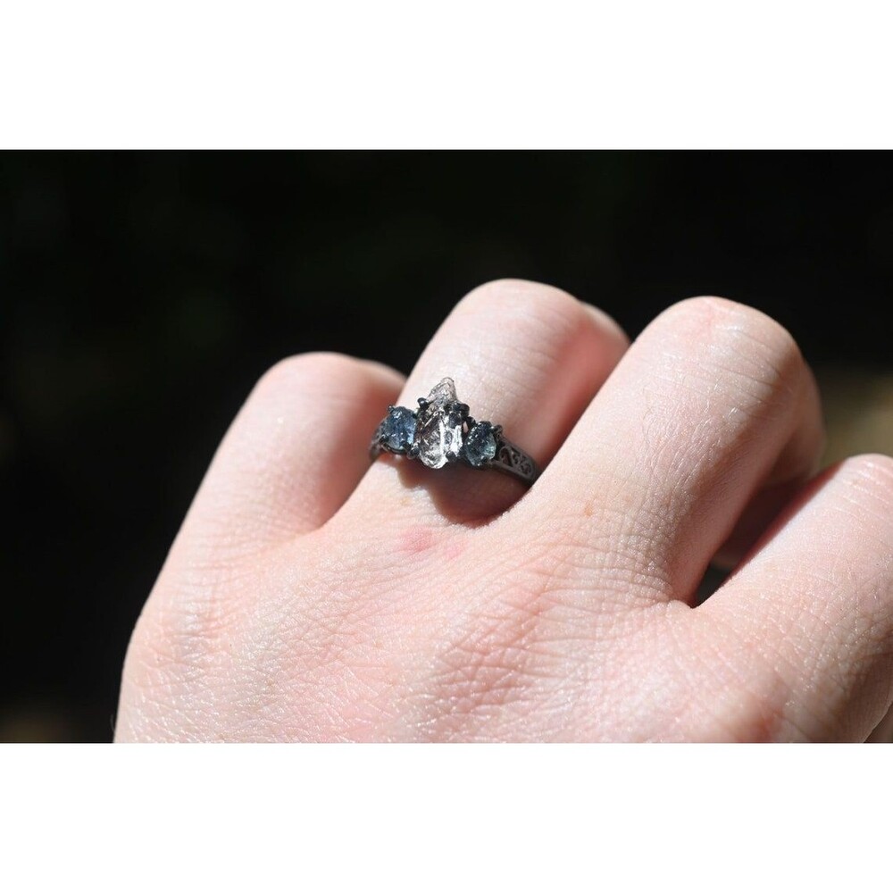 Raw Montana Sapphire Ring: Lake County Diamond, Sterling Silver - Picture 8 of 9
